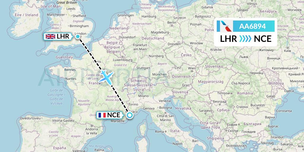 AA6894 American Airlines Flight Map: London to Nice