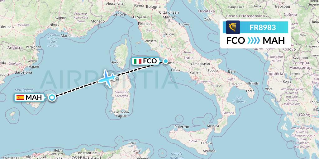 FR8983 Ryanair Flight Map: Rome to Mahon