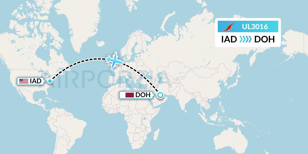 UL3016 SriLankan Airlines Flight Map: Washington to Doha