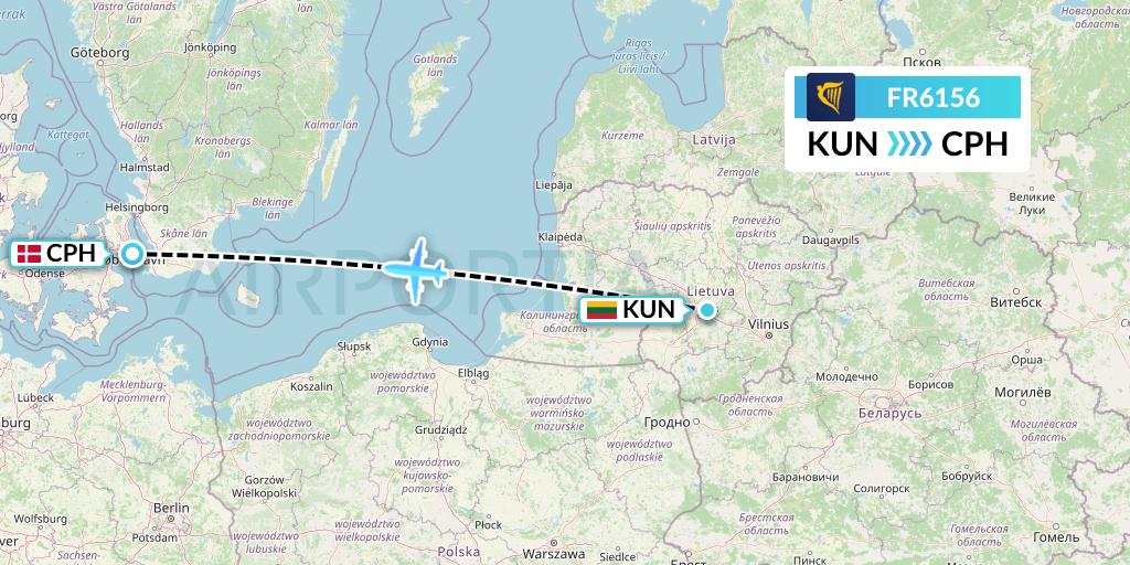FR6156 Ryanair Flight Map: Kaunas to Copenhagen
