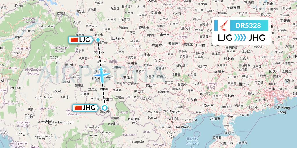 DR5328 Ruili Airlines Flight Map: Lijiang to Jinghong