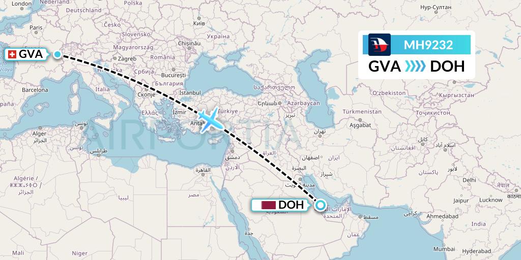 MH9232 Malaysia Airlines Flight Map: Geneva to Doha