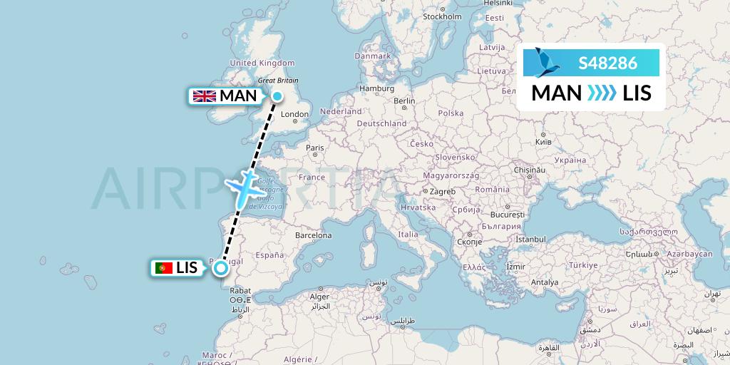 S48286 Azores Airlines Flight Map: Manchester to Lisbon