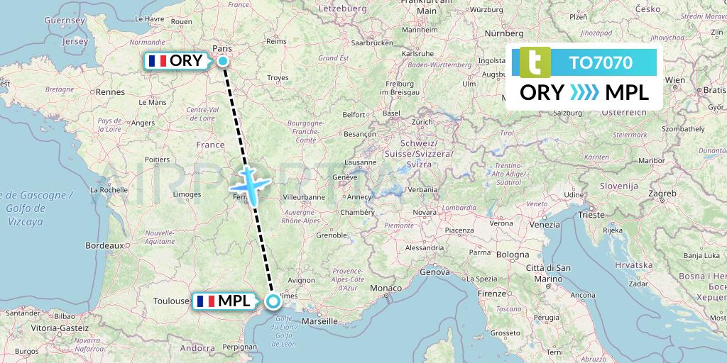 TO7070 Transavia France Flight Map: Paris to Montpellier