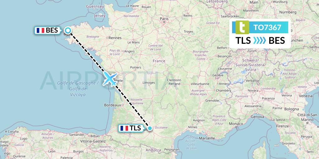 TO7367 Transavia France Flight Map: Toulouse to Brest