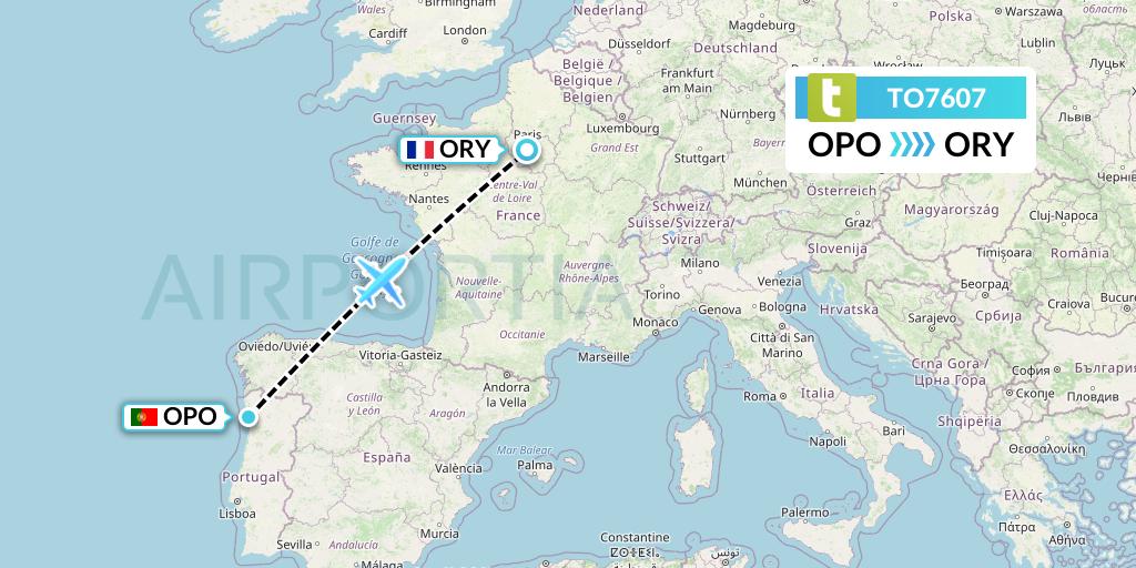 TO7607 Transavia France Flight Map: Porto to Paris