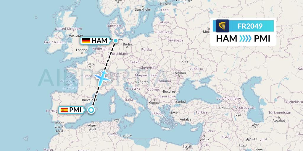 FR2049 Ryanair Flight Map: Hamburg to Palma de Mallorca