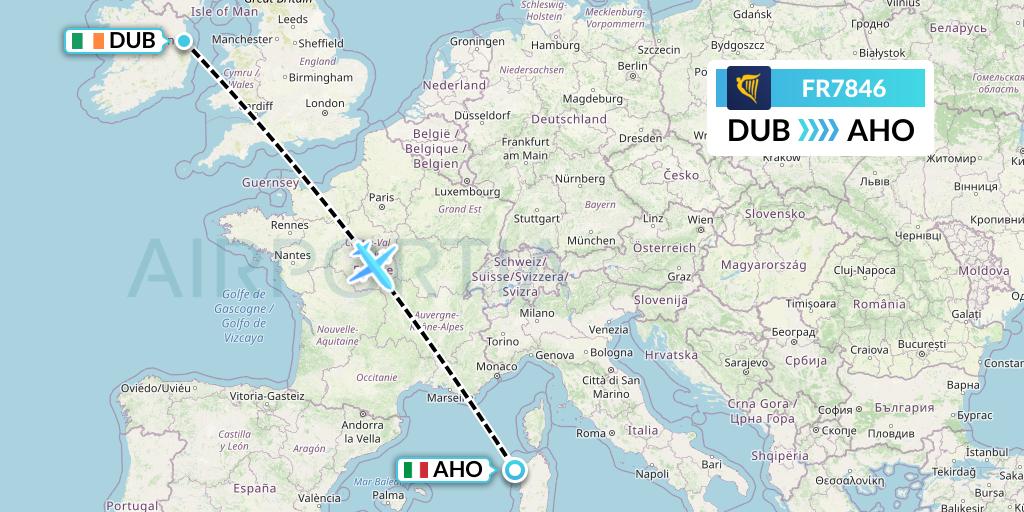 FR7846 Ryanair Flight Map: Dublin to Alghero