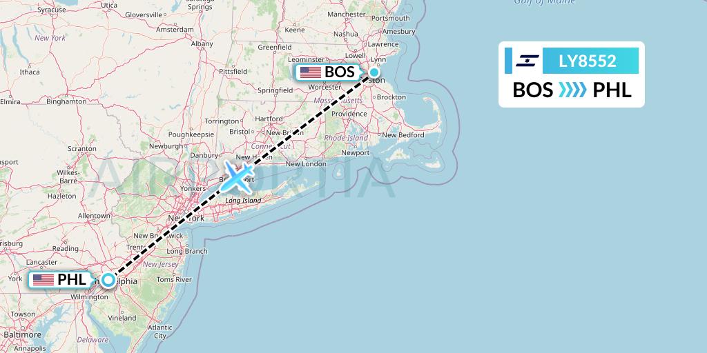 LY8552 El Al Flight Map: Boston to Philadelphia
