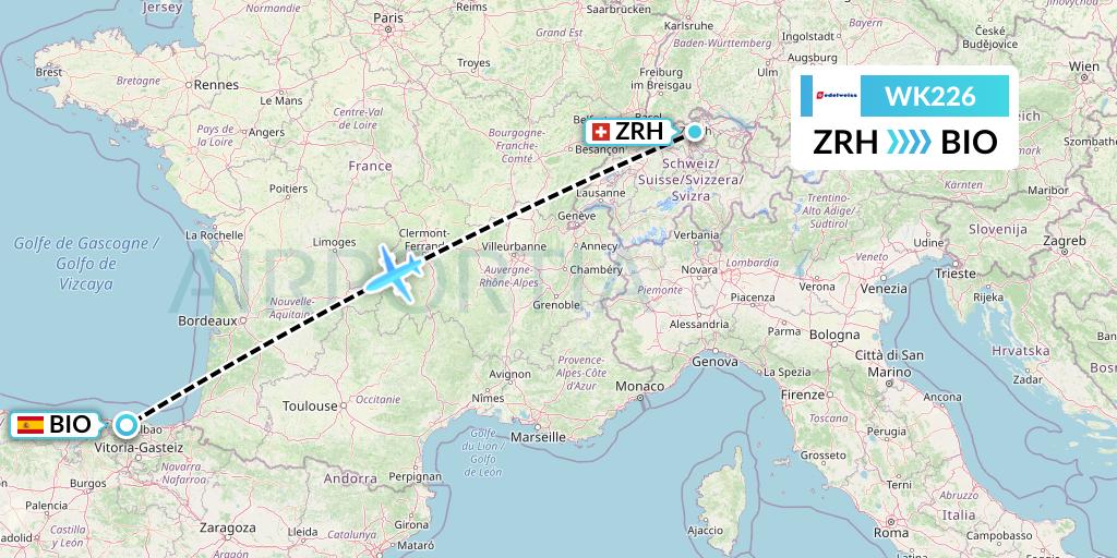 WK226 Edelweiss Air Flight Map: Zurich to Bilbao