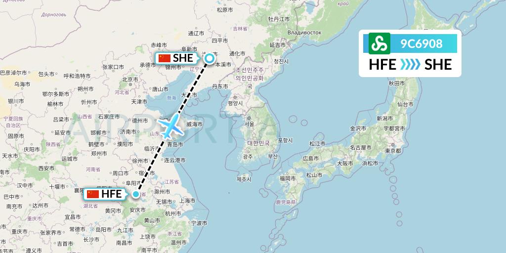9C6908 Spring Airlines Flight Map: Hefei to Shenyang
