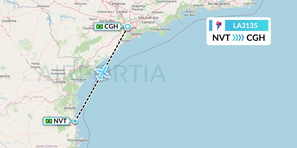 LA3135 LAN Airlines Flight Map: Navegantes to Sao Paulo