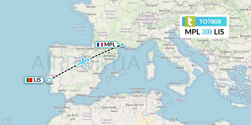 TO7808 Transavia France Flight Map: Montpellier to Lisbon