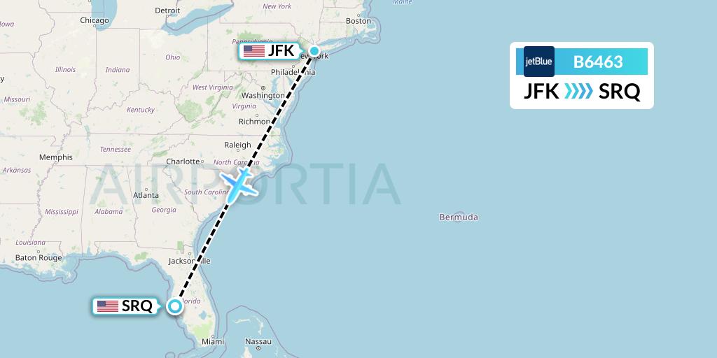 B6463 JetBlue Airways Flight Map: New York to Sarasota