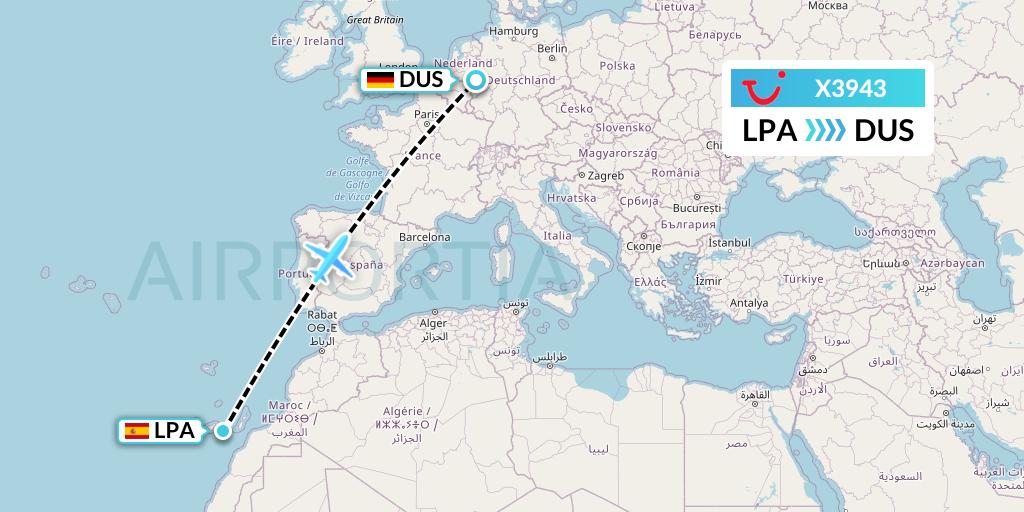 X3943 TUI fly Germany Flight Map: Las Palmas to Dusseldorf