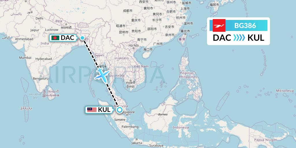 BG386 Biman Bangladesh Airlines Flight Map: Dhaka to Kuala Lumpur