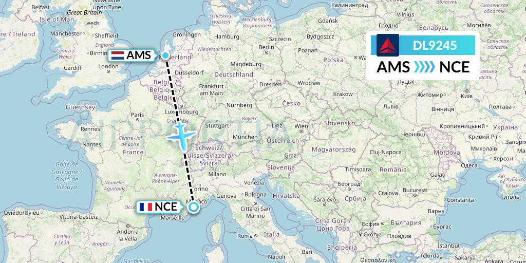 DL9245 Delta Air Lines Flight Map: Amsterdam to Nice