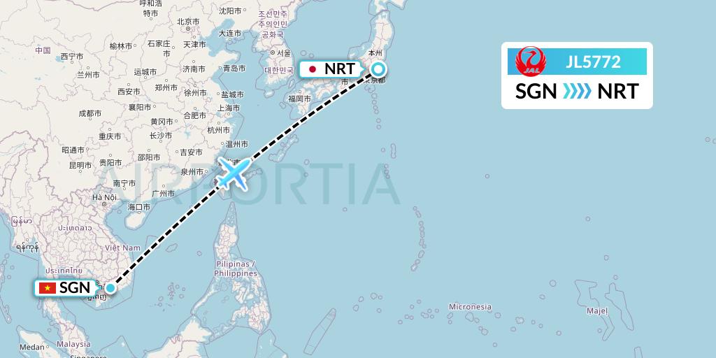 JL5772 Japan Airlines Flight Map: Ho Chi Minh City to Tokyo