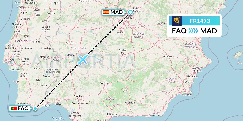 FR1473 Ryanair Flight Map: Faro to Madrid