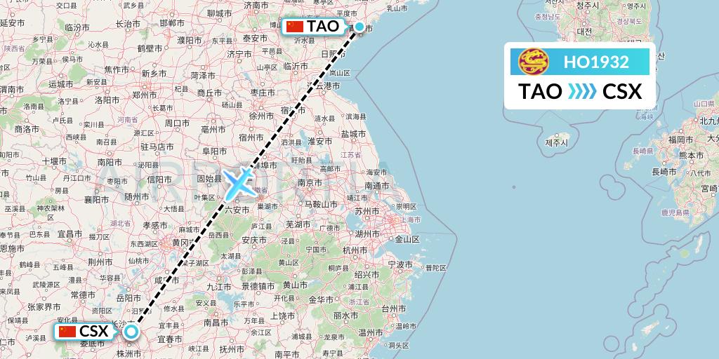 HO1932 Juneyao Airlines Flight Map: Qingdao to Changsha