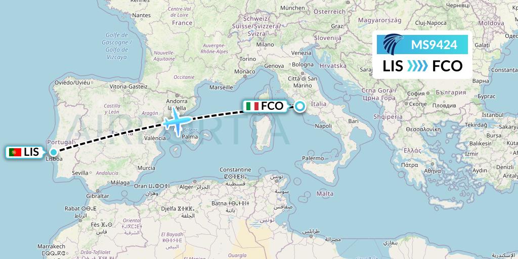 MS9424 EgyptAir Flight Map: Lisbon to Rome