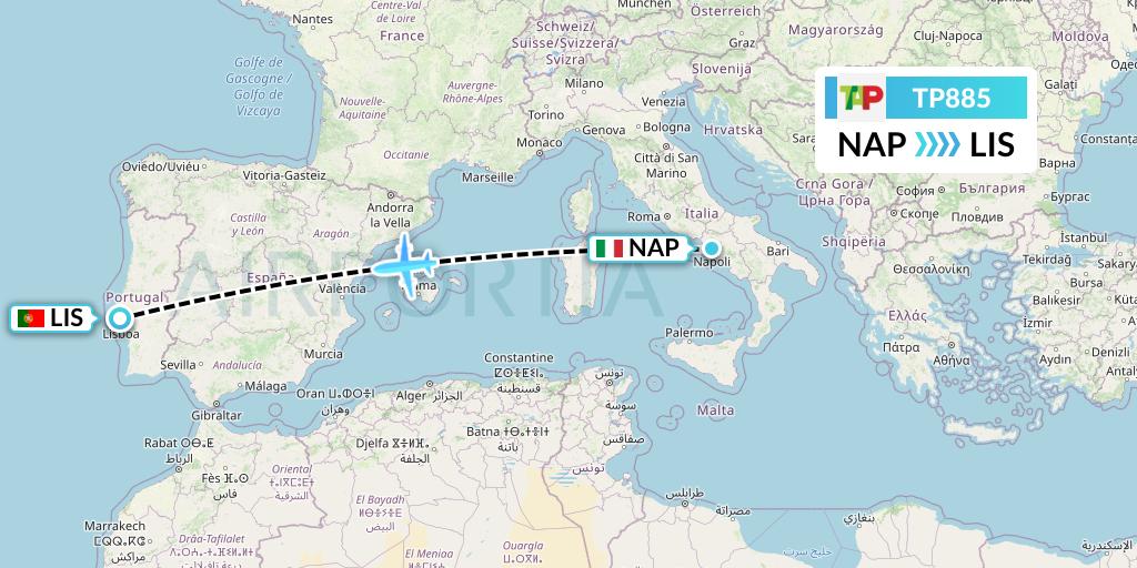 TP885 TAP Portugal Flight Map: Naples to Lisbon