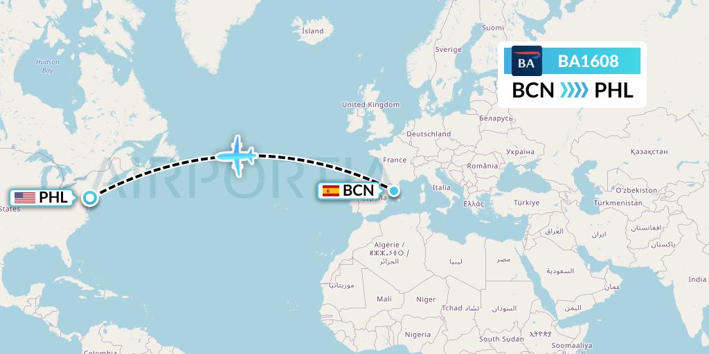 BA1608 British Airways Flight Map: Barcelona to Philadelphia