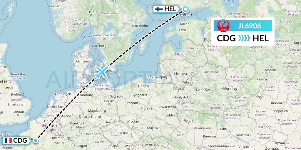 JL6906 Japan Airlines Flight Map: Paris to Helsinki