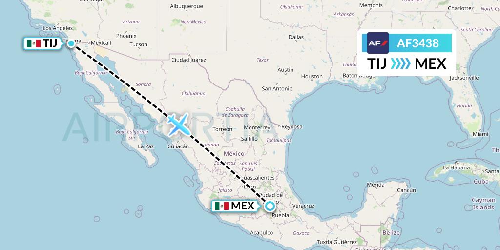 AF3438 Air France Flight Map: Tijuana to Mexico City