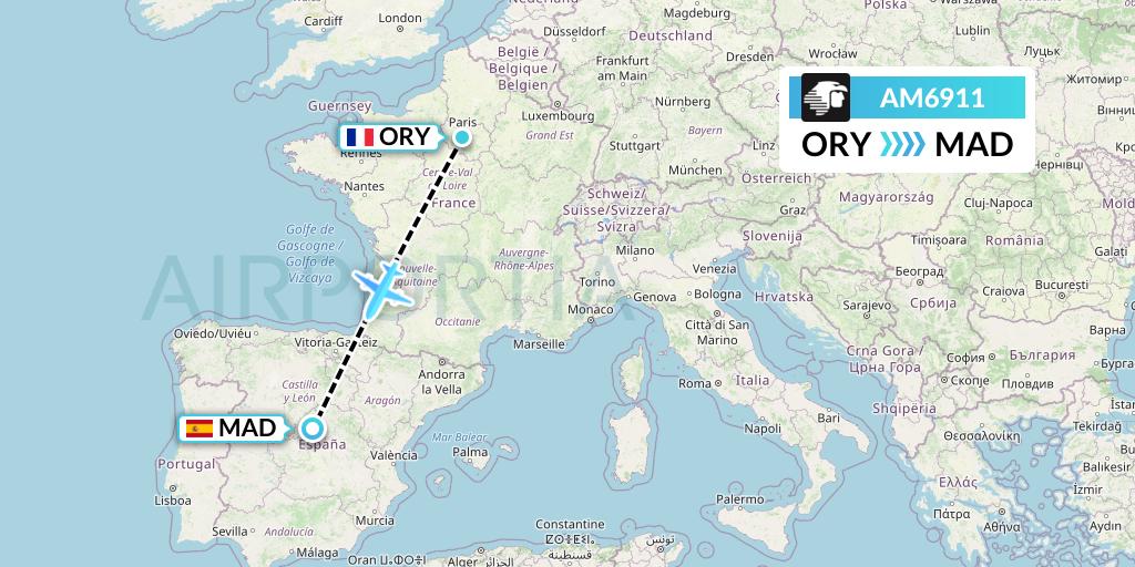 AM6911 Aeromexico Flight Map: Paris to Madrid