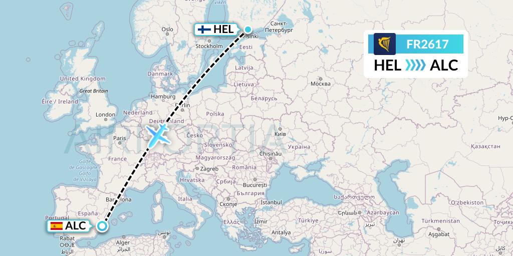 FR2617 Ryanair Flight Map: Helsinki to Alicante