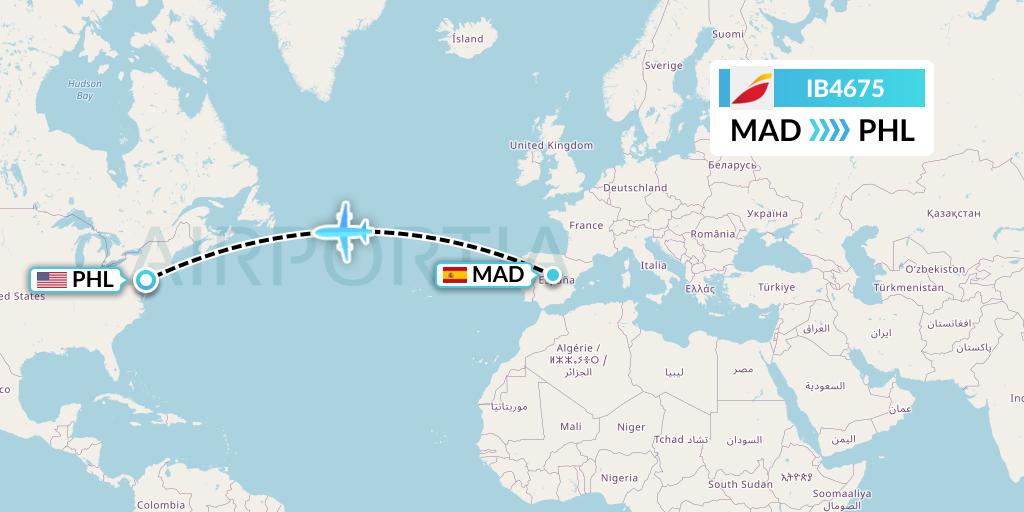 IB4675 Iberia Flight Map: Madrid to Philadelphia