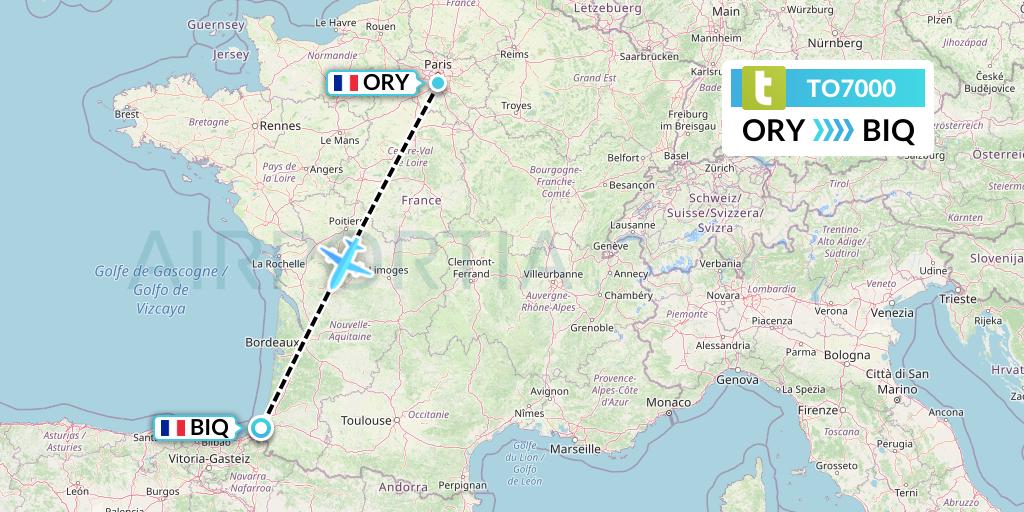 TO7000 Transavia France Flight Map: Paris to Biarritz