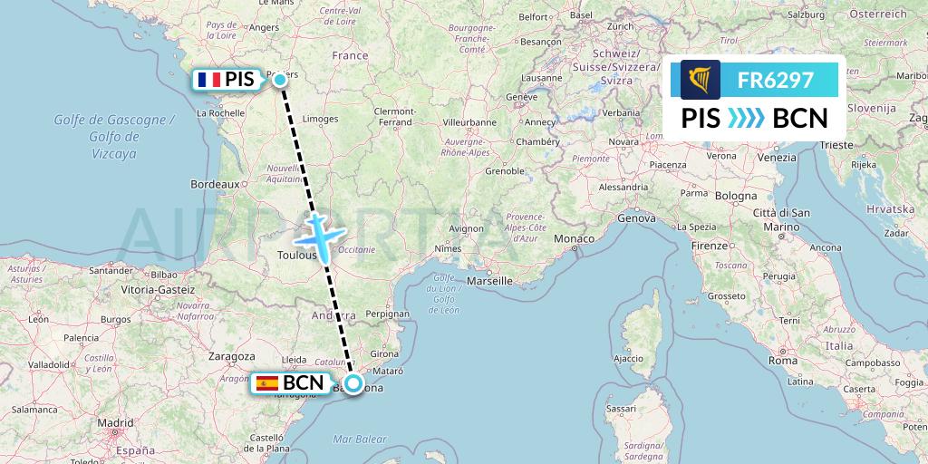 FR6297 Ryanair Flight Map: Poitiers to Barcelona