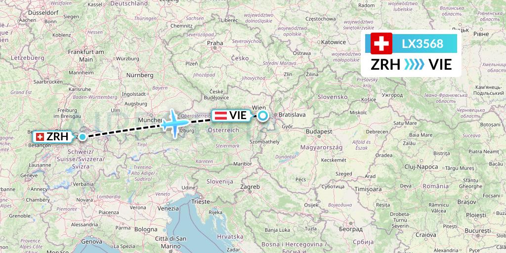 LX3568 Swiss Flight Map: Zurich to Vienna