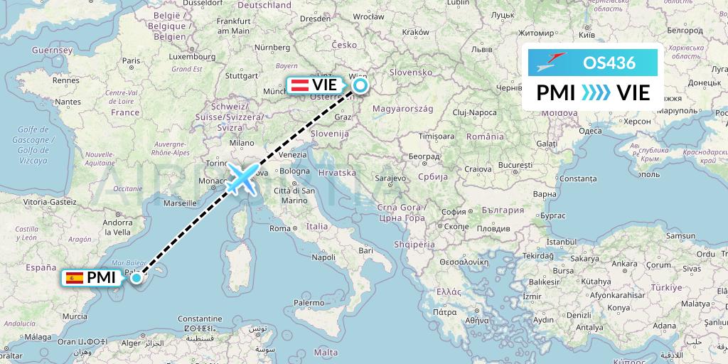 OS436 Austrian Airlines Flight Map: Palma de Mallorca to Vienna