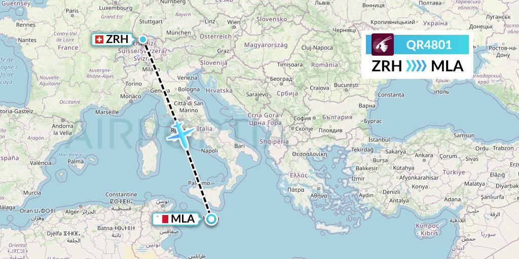 QR4801 Qatar Airways Flight Map: Zurich to Malta