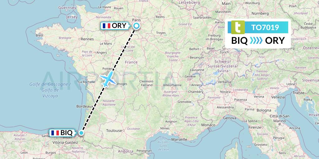 TO7019 Transavia France Flight Map: Biarritz to Paris