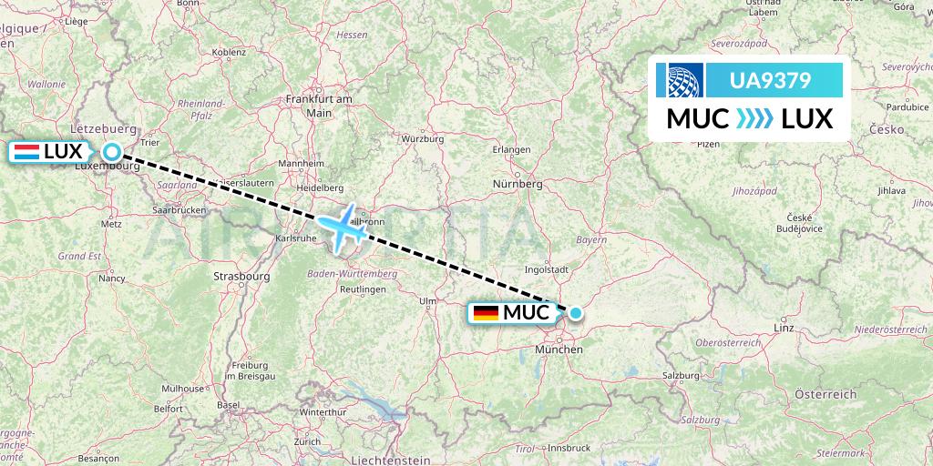 UA9379 United Airlines Flight Map: Munich to Luxembourg