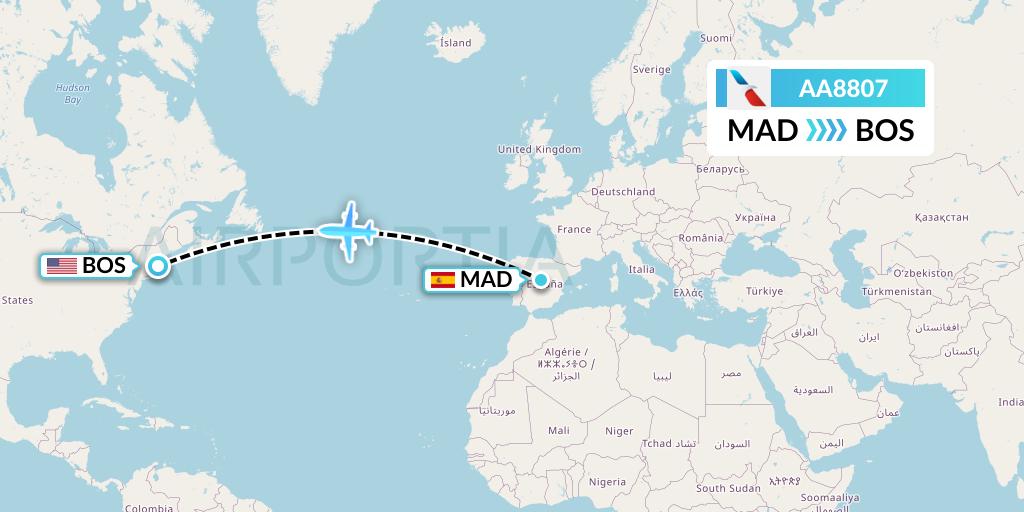 AA8807 American Airlines Flight Map: Madrid to Boston