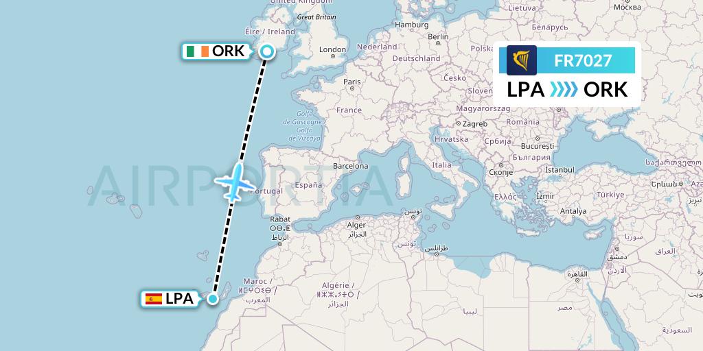 FR7027 Ryanair Flight Map: Las Palmas to Cork