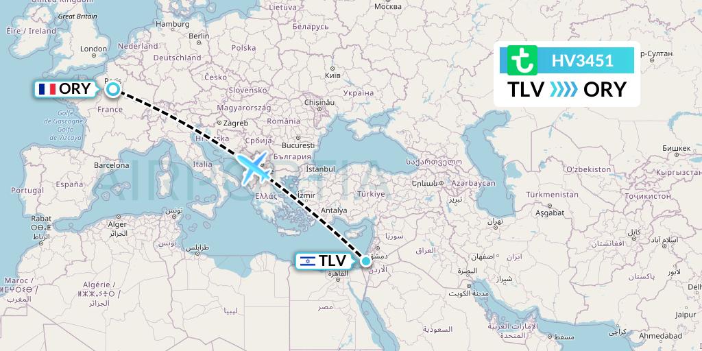 HV3451 Transavia Flight Map: Tel Aviv to Paris