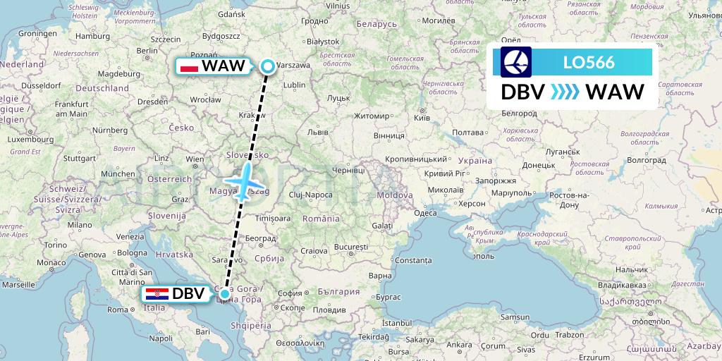 LO566 LOT Flight Map: Dubrovnik to Warsaw
