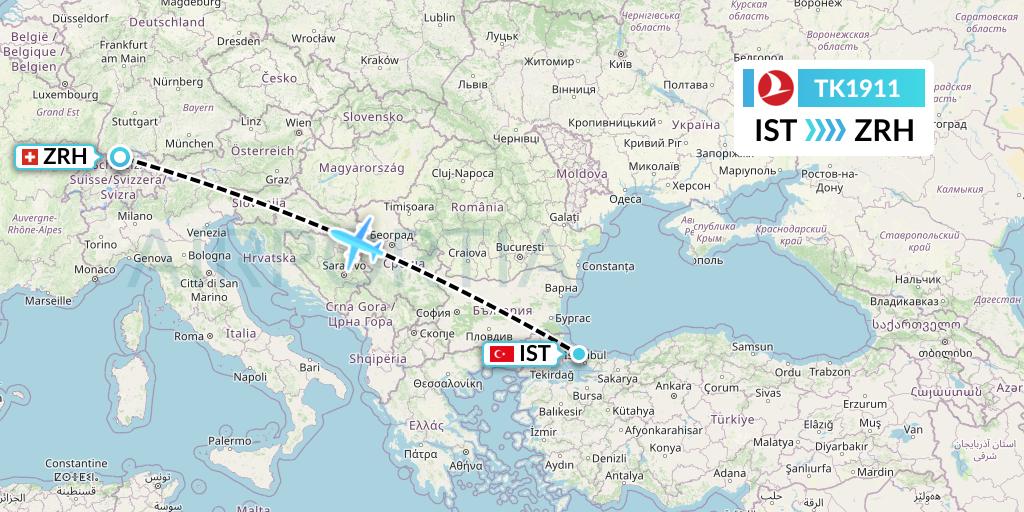 TK1911 Turkish Airlines Flight Map: Istanbul to Zurich
