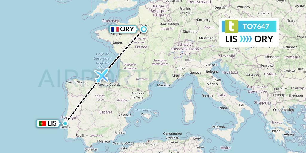 TO7647 Transavia France Flight Map: Lisbon to Paris
