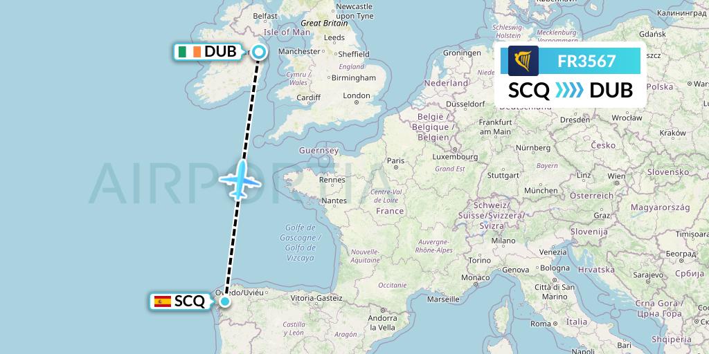 FR3567 Ryanair Flight Map: Santiago to Dublin