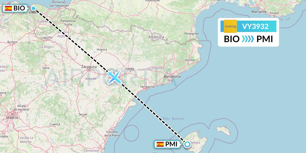 VY3932 Vueling Flight Map: Bilbao to Palma de Mallorca