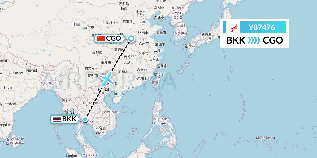 Y87476 Yangtze River Express Flight Map: Bangkok to Zhengzhou