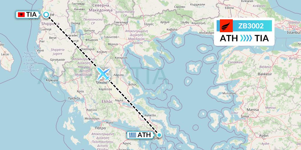 ZB3002 Air Albania Flight Map: Athens to Tirana