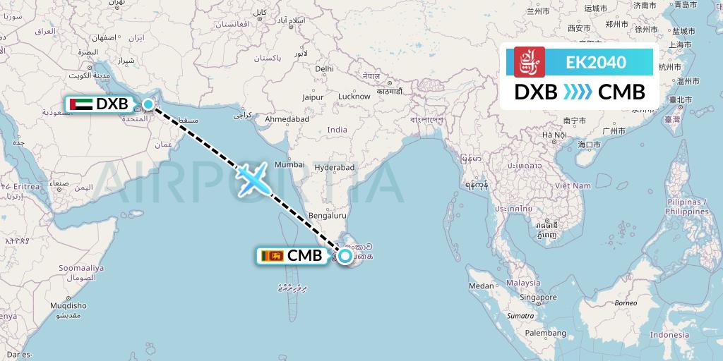 EK2040 Emirates Flight Map: Dubai to Colombo